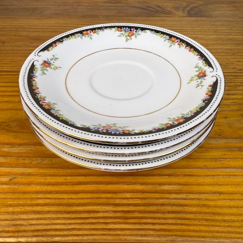 Set of 4 Lynn’s Fine China Saucers – Floral Black & Gold Trim, 6.25” - Picture 7 of 13